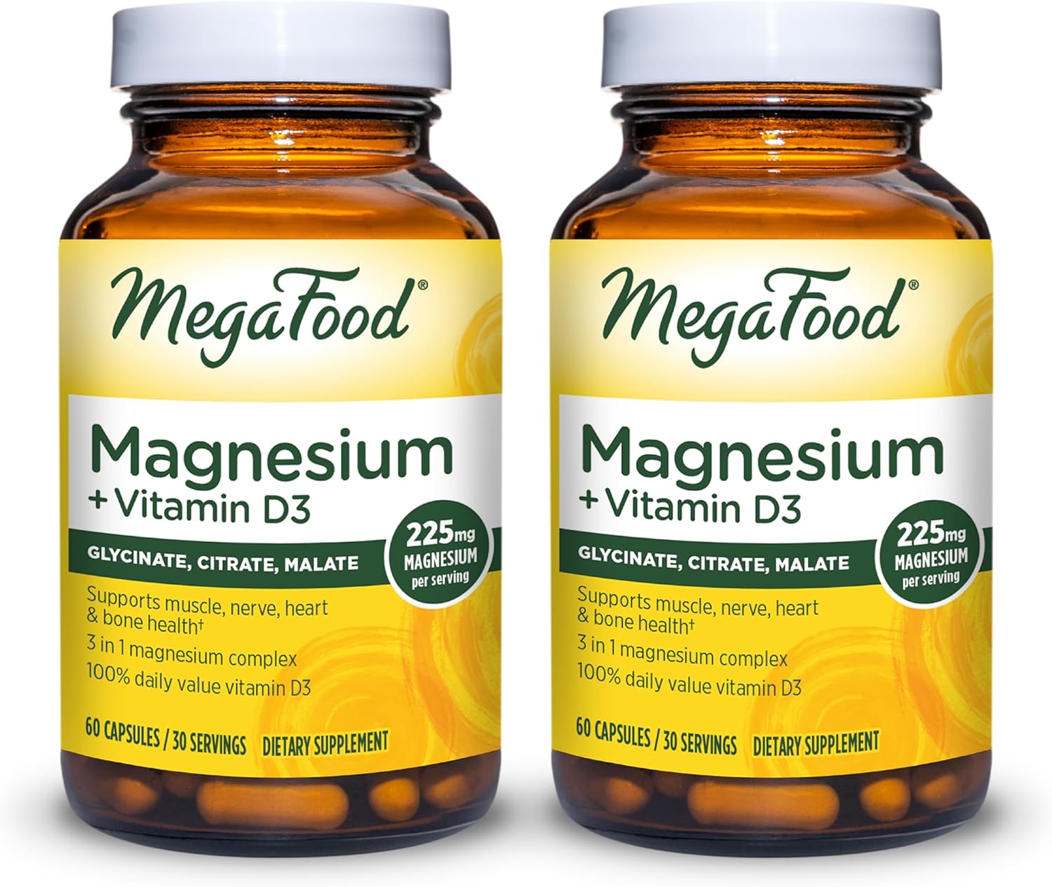 MegaFood Magnesium + Vitamin D3 Magnesium Complex with Magnesium Glycinate Magnesium Citrate & Magnesium Malate Vitamin D for Immune & Bone Support Vegetarian - 60 Capsules 30 Servings (2 Pack)