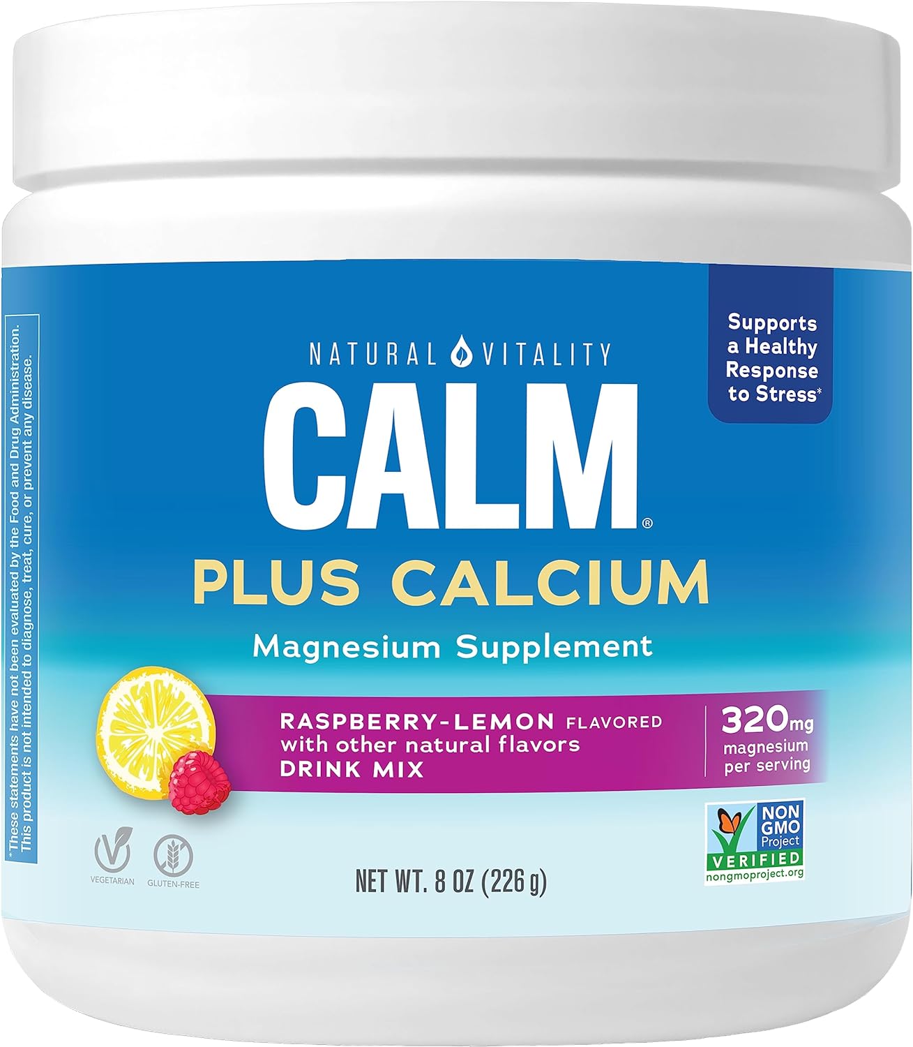 Natural Vitality CALM Magnesium Supplement Drink Mix Plus Calcium, Anti-Stress Drink Mix Powder, With Calcium, Vegetarian & Non-GMO, Raspberry Lemon, 8 oz