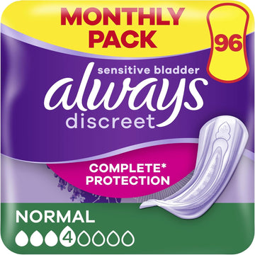 Always Discreet Incontinence Pads Women, Normal, Absorbency 3 or 4, 96 Sanitary Towels (24 x 4 Packs), Complete Protection for bladder Leak, Odour Neutraliser