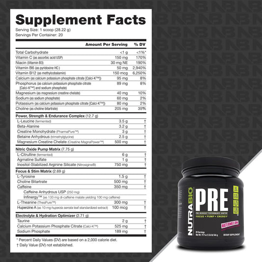 NutraBio PRE Workout Powder - Sustained Energy, Mental Focus, Endurance - Clinically Dosed Formula - Beta Alanine, Creatine, Caffeine, Electrolytes - 20 Servings - Watermelon