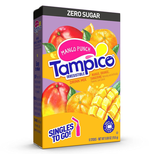 Tampico Singles To Go Drink Mix Packets, Mango Punch, Zero Sugar, Low Calorie, 100% Dv Of Vitamin C Per Serving, Convenient, On-The-Go Water Enhancers, 6 Count (Pack - 12)