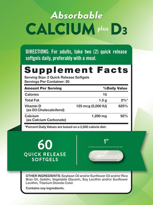 Nature'S Truth Calcium 1200Mg With Vitamin D3 5000 Iu | 60 Softgels | From Calcium Carbonate | Non-Gmo & Gluten Free Supplement