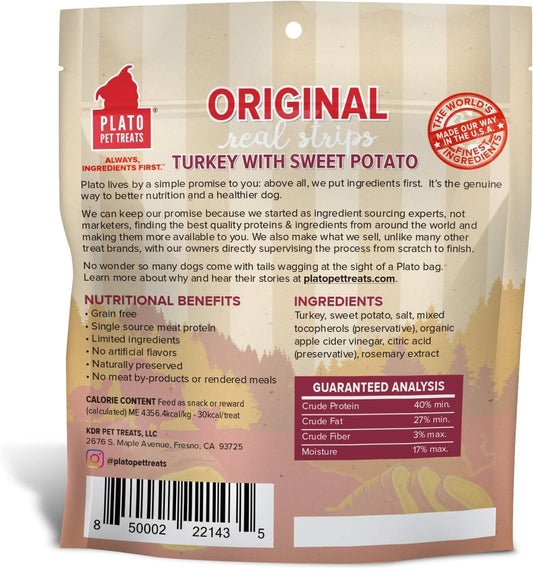 Plato Turkey Real Strips Natural Dog Treats - Real Meat - Air Dried - Made In The Usa - Turkey & Sweet Potato, 3 Ounces