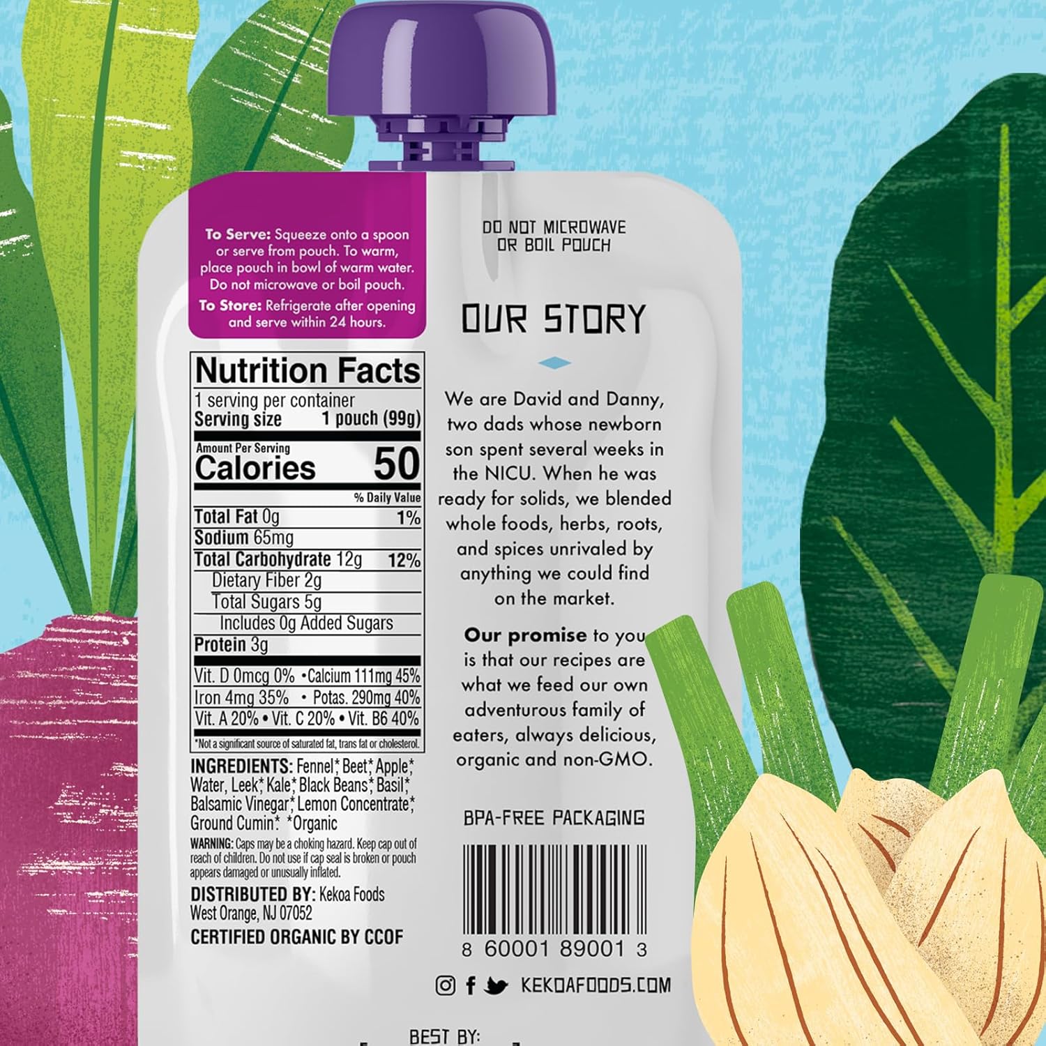 Kekoa Foods Beets, Fennel & Kale Baby Food Purée | 100% Usda Certified-Organic, No Sugar Added | Organic, Non-Gmo, Gluten-Free, Vegan | Nutrient-Rich Blend With Leeks & Black Beans | 3.5 Oz Squeeze Pouch