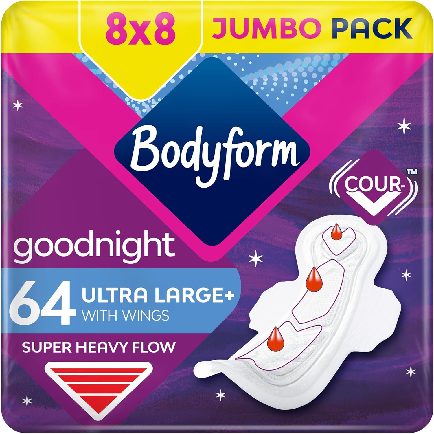 Ultra Goodnight Sanitary Towels with Wings, 64 (8 x 8 Packs) Period Pads for Night use, SecureFit Leakage Protection, Ultra-Breathable Top Layer