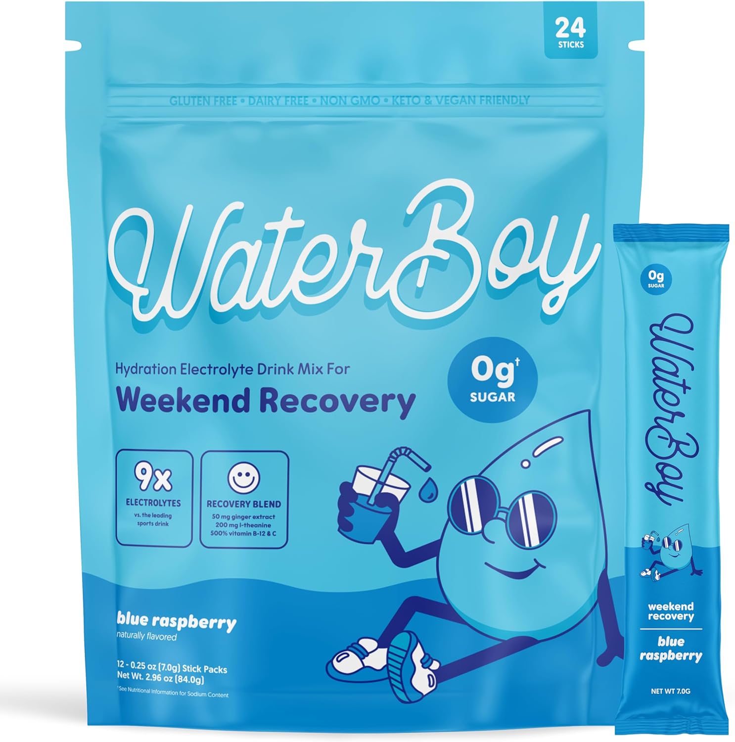 Waterboy Weekend Recovery | 3,200Mg Electrolyte Powder Packets | Ginger + L-Theanine + Vitamins | No Sugar, All Natural, Gluten Free | 24 Drink Stick Mixes (Blue Raspberry)