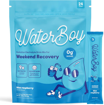 Waterboy Weekend Recovery | 3,200Mg Electrolyte Powder Packets | Ginger + L-Theanine + Vitamins | No Sugar, All Natural, Gluten Free | 24 Drink Stick Mixes (Blue Raspberry)