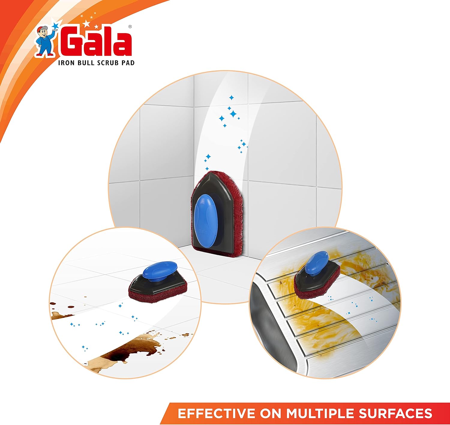 Gala Iron Bull Floor Scrub Pad, Bathroom Tile and Floor Cleaning Brush, 1 Piece with Plastic Handle : Health & Household