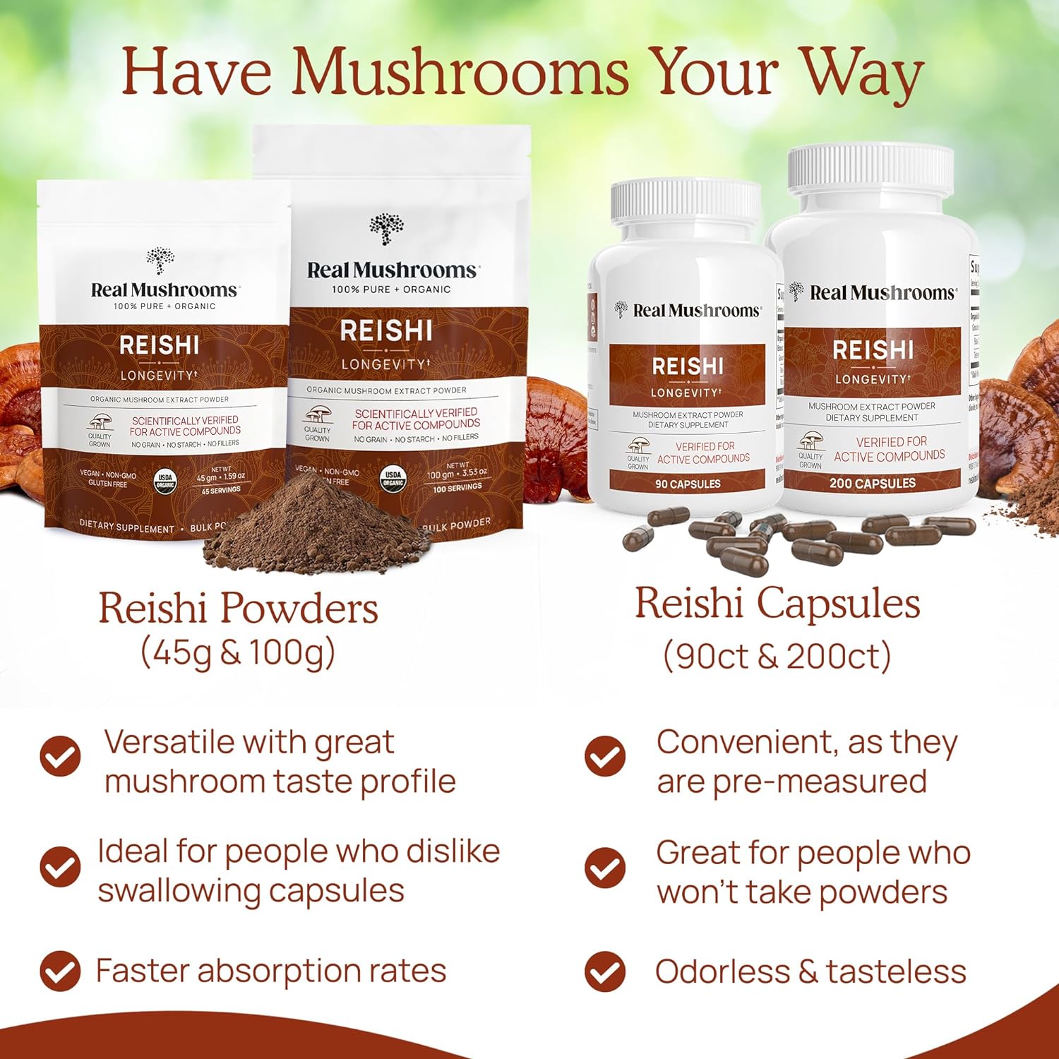 Real Mushrooms Reishi Powder - Organic Mushroom Extract Supplement with Potent Red Reishi Mushroom for Longevity, Mood, Sleep, & Immune Support - Vegan Mushroom Supplement, Non-GMO, 100 Servings : Health & Household