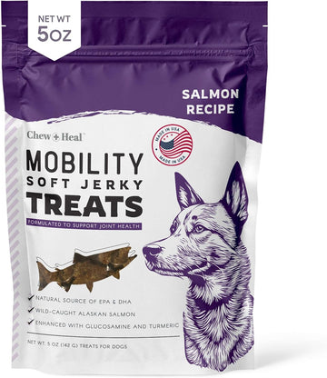 Chew + Heal Labs Dog Salmon Jerky Treats For Hip And Joint - 5 Oz Of Mobility Soft Dog Jerky Treats - Made With Alaskan Salmon, Turmeric, Glucosamine, Chondroitin, Green Lipped Mussel, And More