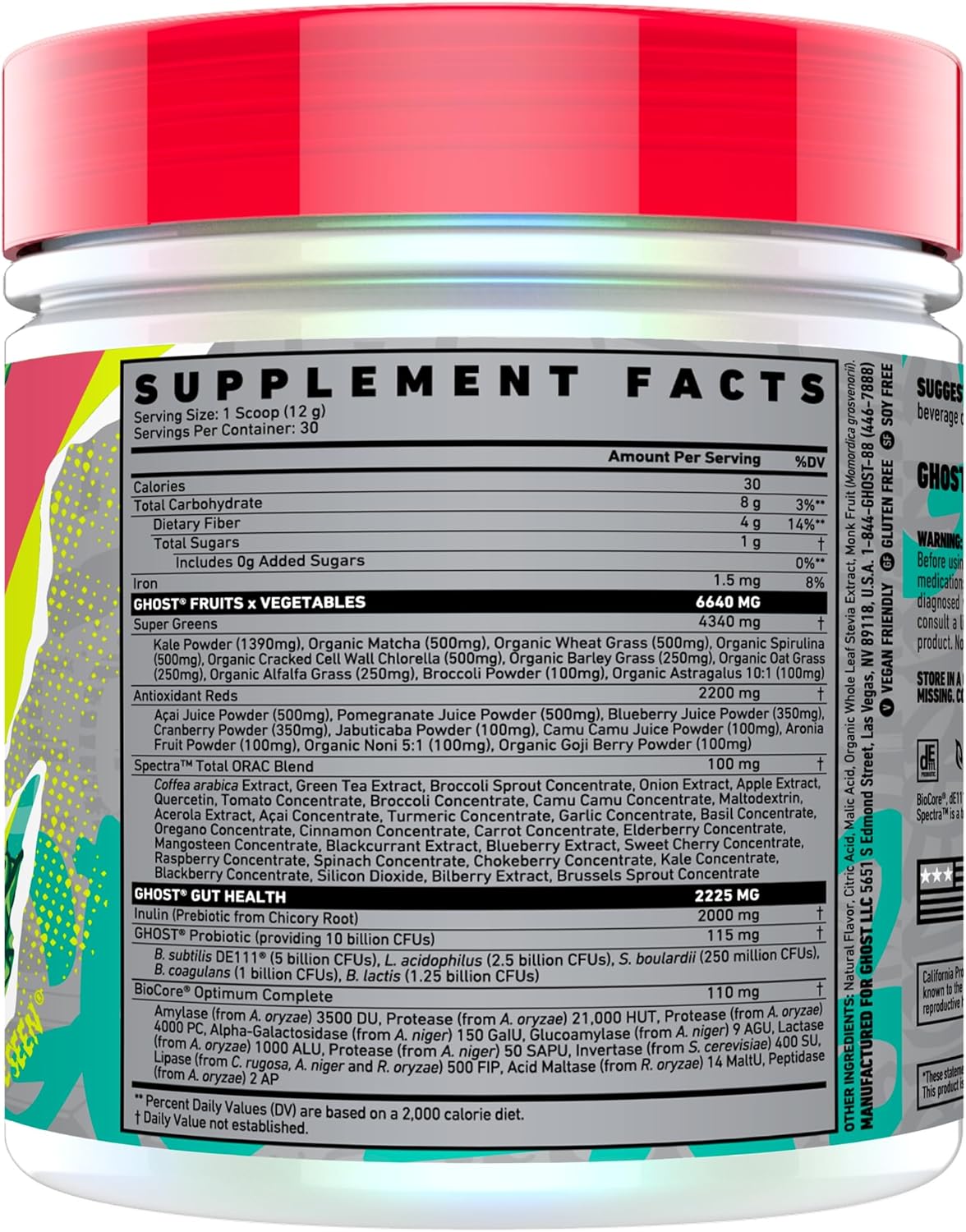 Ghost Greens Powder, Lime - 30 Servings - 19 Superfood Greens & Reds Powder, Fruits, Vegetables, Spirulina, & Chlorella, Prebiotics, 10 Billion Cfu Probiotic & Digestive Enzymes - Gluten-Free : Health & Household