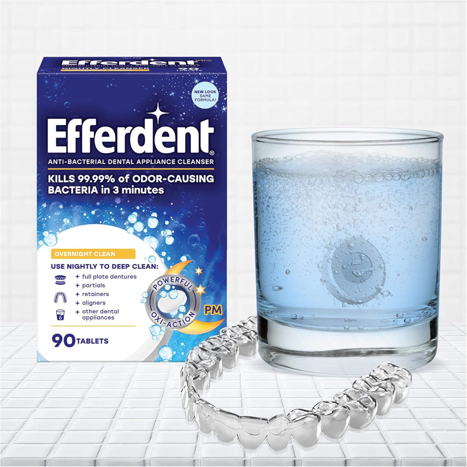 Efferdent Retainer Cleaning Tablets, 3 Month Supply of Denture Cleaning Tablets for Dental Appliances, Overnight Whitening, 90 Tablets : Health & Household