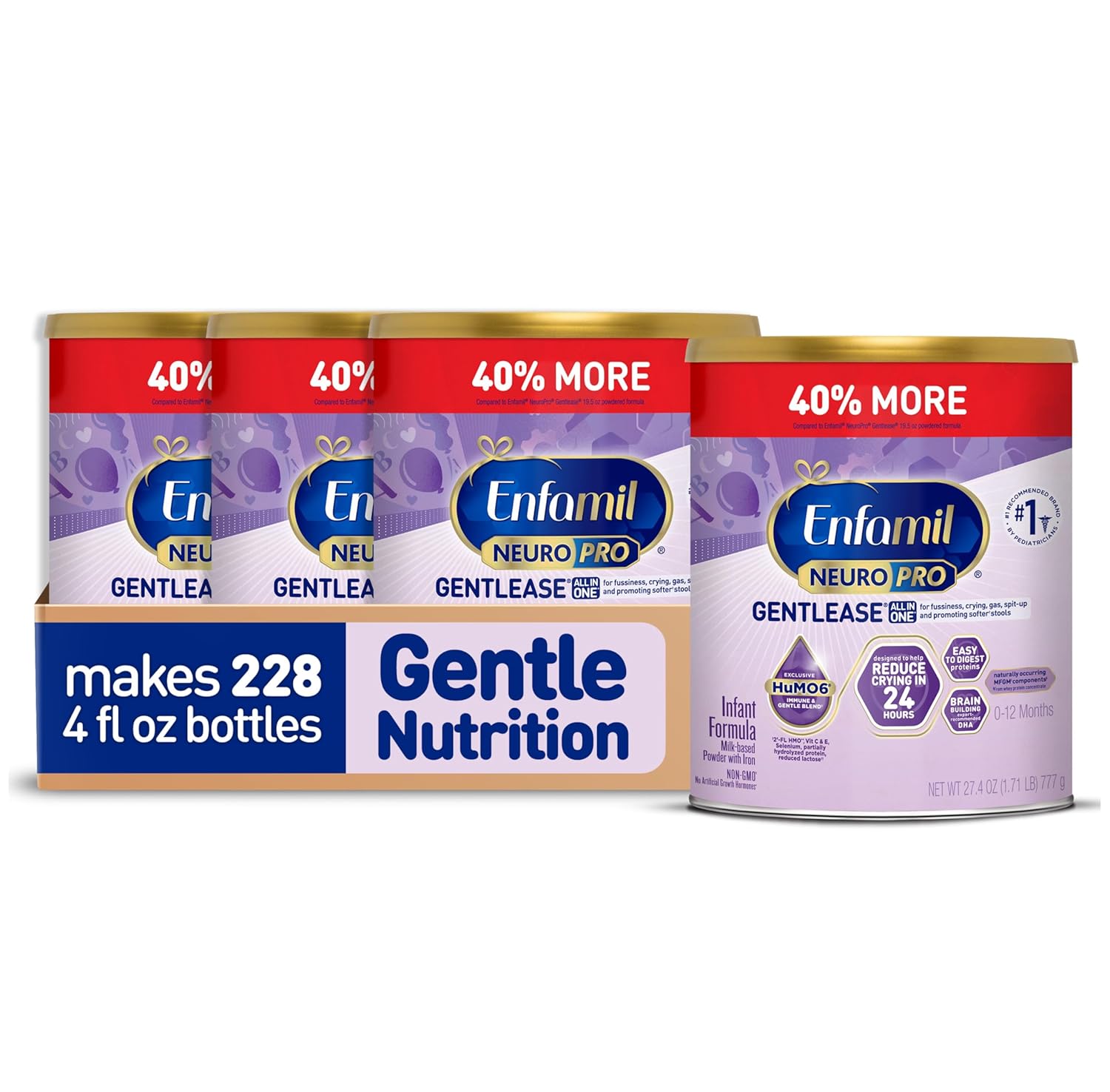 Enfamil Neuropro Gentlease Baby Formula, Infant Formula Nutrition, Brain Support That Has Dha, Humo6 Immune Blend, Designed To Reduce Fussiness, Crying, Gas & Spit-Up In 24 Hrs, Has Prebiotics To Promote Softer Stools, 27.4 Oz, 4 Cans