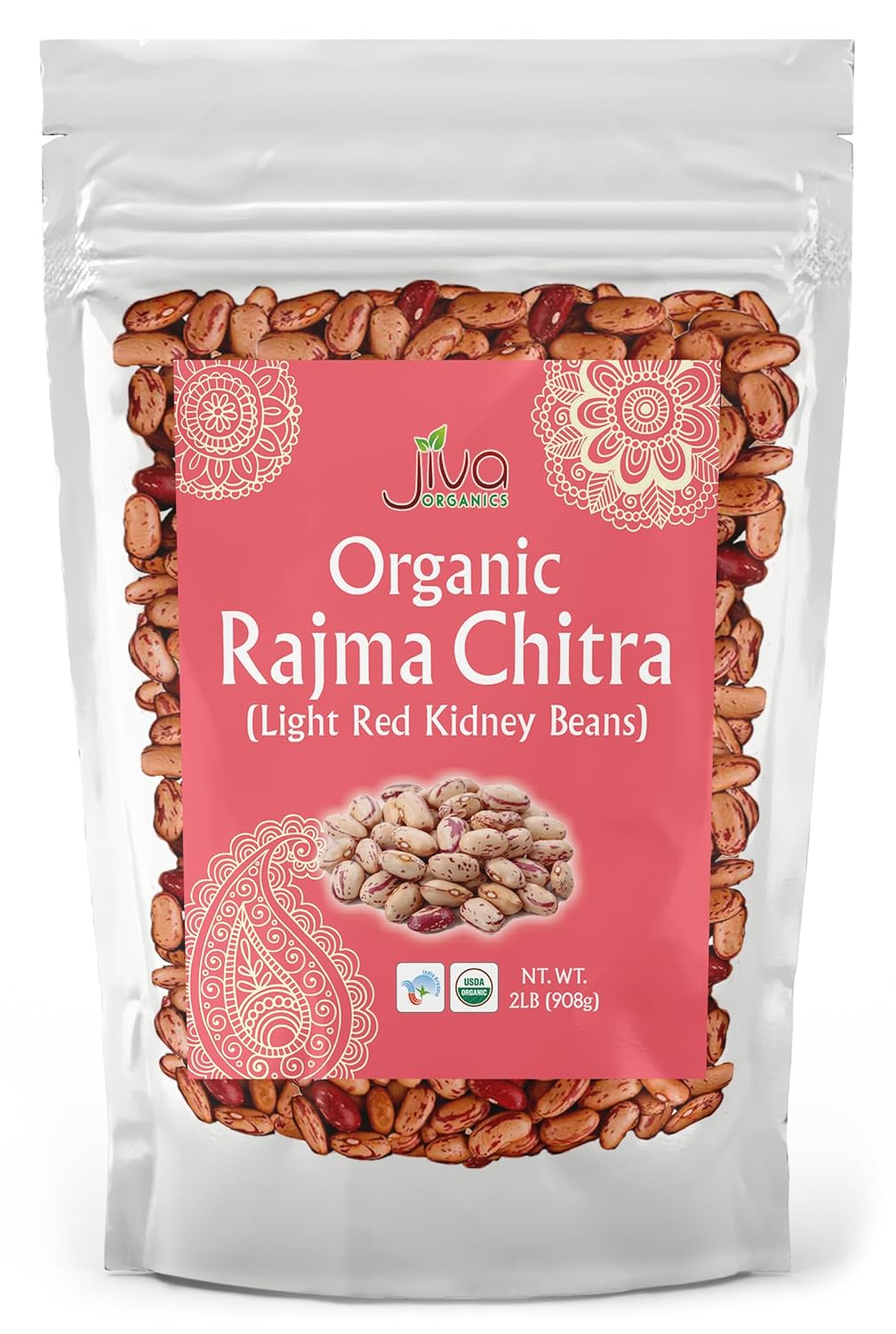 Jiva Organic Light Red Kidney Beans Speckled Whole (Rajma Chitra) 2 Pound Bag