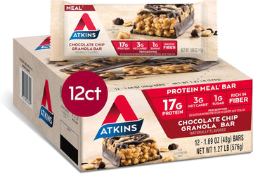 Atkins Chocolate Chip Granola Protein Meal Bar, High Fiber, 17G Protein, 1G Sugar, 3G Net Carbs, Meal Replacement, Keto Friendly, 12 Count