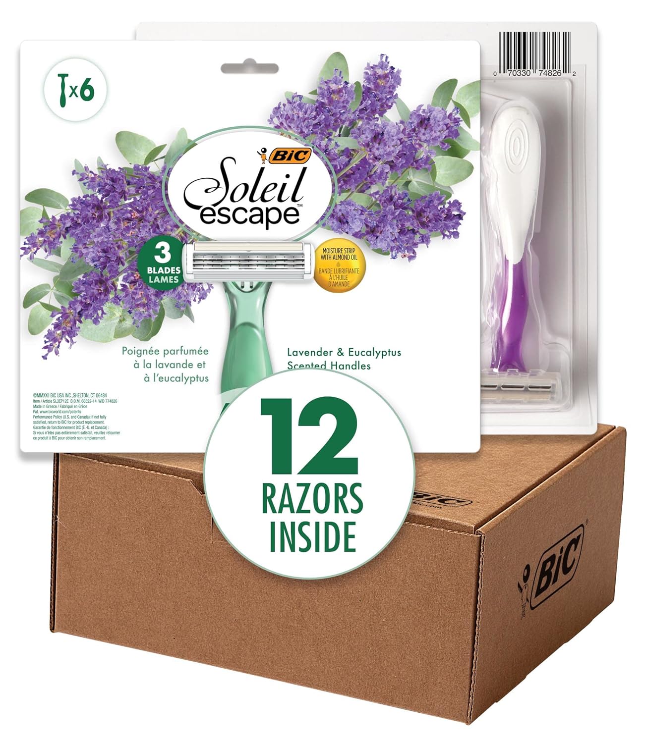 BIC Soleil Escape Women's Disposable Razors With 3 Blades for a Sensorial Experience and Comfortable Shave, Pack of Lavender & Eucalyptus Scented Handle Shaving Razors for Women, 12 Count Green