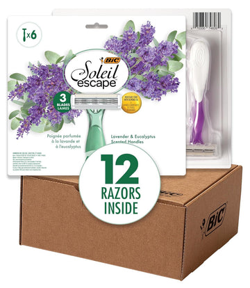 BIC Soleil Escape Women's Disposable Razors With 3 Blades for a Sensorial Experience and Comfortable Shave, Pack of Lavender & Eucalyptus Scented Handle Shaving Razors for Women, 12 Count Green