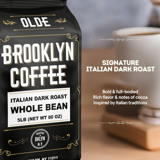 Brooklyn Coffee Whole Bean, Italian Dark Roast (5Lb) Extra Strong, Delicious Taste, Heavenly Aroma - Fresh Bulk Coffee Beans Roasted Weekly In Nyc