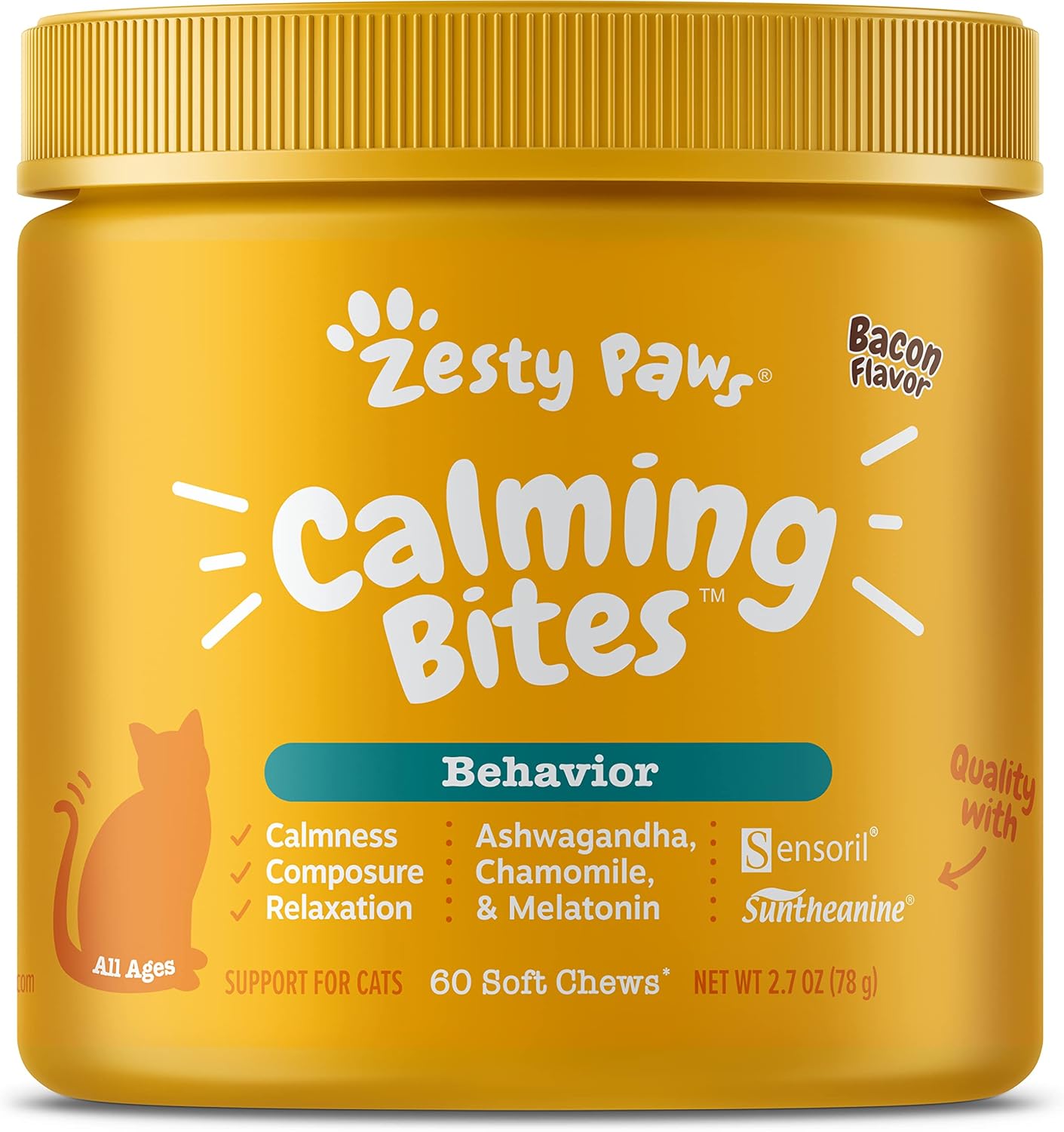 Zesty Paws Calming Chews For Cats - Composure & Relaxation For Everyday Stress & Separation - With Ashwagandha, Organic Chamomile, L-Theanine & L-Tryptophan – Bacon - 60 Count - Cat