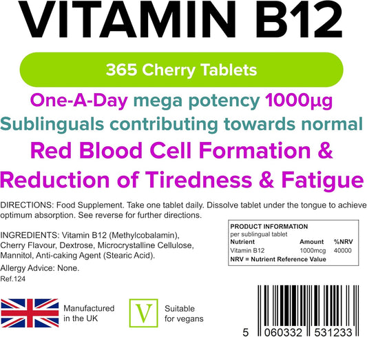 Lindens Vitamin B12 1000Mcg Cherry Flavour Sublingual Tablets - 100 Pack - For Red Blood Cell Formation And Fatigue Reduction - Fast Absorption - Uk Manufacturer, Letterbox Friendly