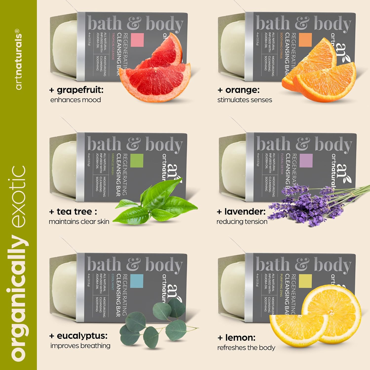 Artnaturals Natural Soap Bar Gift Set - (6 X 4 Oz / 113G) - Infused With Jojoba Oil - For All Skin Types - Body And Face - Tea Tree, Lavender, Eucalyptus, Lemon, Grapefruit And Orange - Men And Women : Beauty & Personal Care