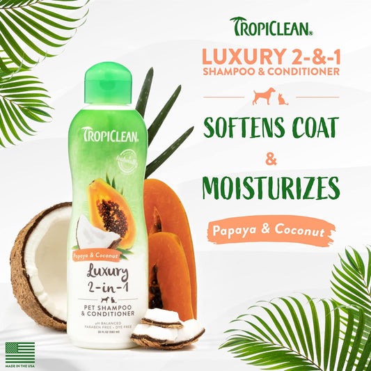 TropiClean Dog Shampoo Grooming Supplies - Luxury 2-in-1 Shampoo & Conditioner - Dog and Cat Shampoo & Conditioner - Derived from Natural Ingredients - Used by Groomers - Papaya & Coconut, 592ml?TRPYSH20Z