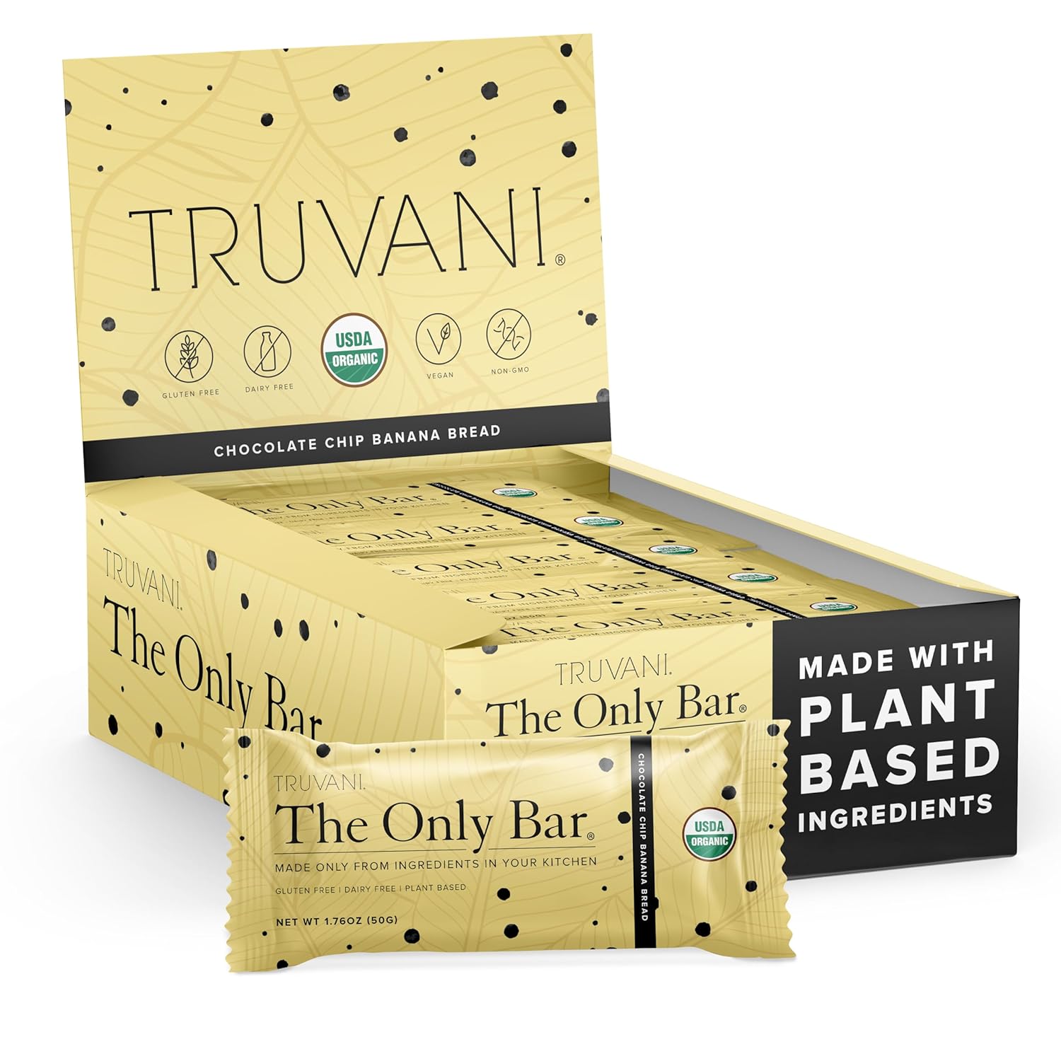 Truvani Plant Based Snack Bars | 5G Protein | 12 Pack Chocolate Chip Banana Bread | Organic | Vegan | The Only Bar | Dairy, Soy, And Gluten Free | Individually Wrapped