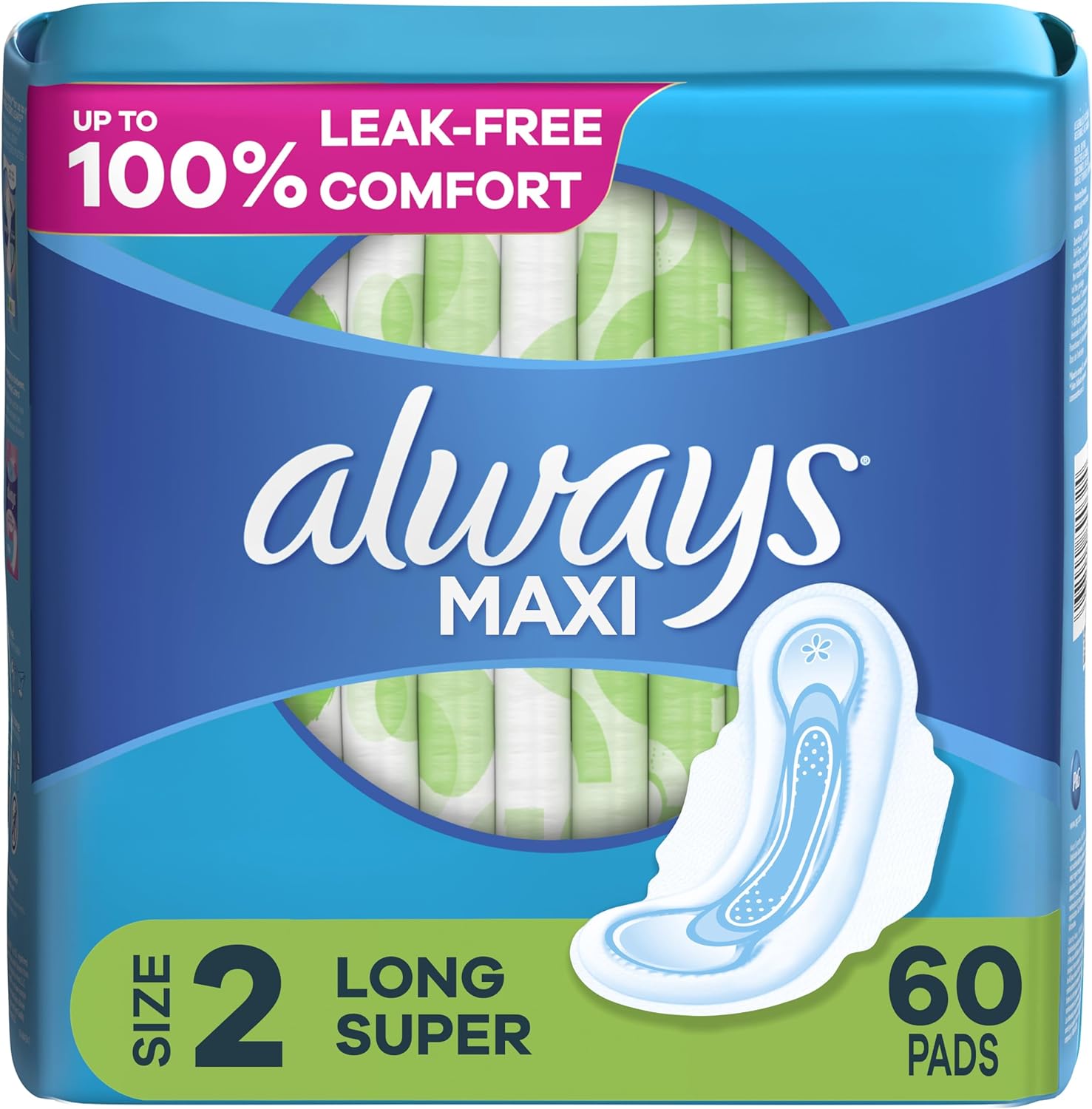 Always Maxi Feminine Pads for Women, Size 2 Long Super Absorbency, with Wings, Unscented, 60 Count