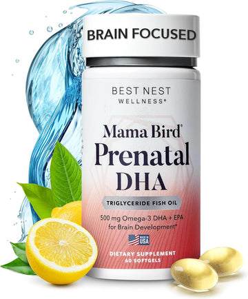 Best Nest Wellness Mama Bird Prenatal Dha Vitamin, 500 Mg, Triglyceride Fish Oil, Supports Baby'S Brain & Eyes, Easy To Swallow Softgels, Lemon Flavor, 60 Ct