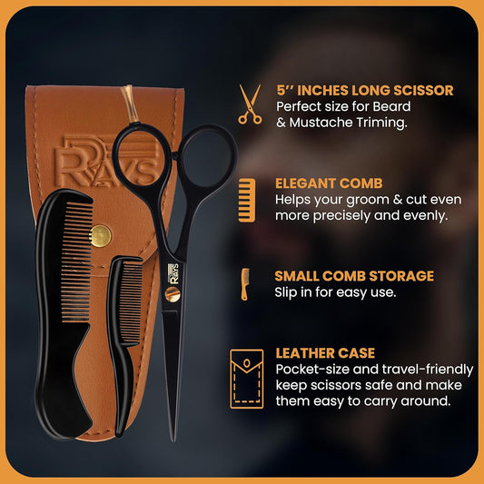 5'' Beard Scissors For Men- German Mustache Scissors With Beard & Mustache Comb- Beard Trimming Scissors With Travel Pouch- Mustache Grooming Kit For Men Facial Hair Styling-Mustache Trimmer