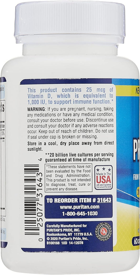 Puritan'S Pride Probiotic 10 With Vitamin D To Help Support Immune System Health, Capsule, 60 Count, White