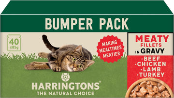 Harringtons Complete Wet Pouch Grain Free Hypoallergenic Adult Cat Food Meaty in Gravy Pack 40x85g - Beef, Chicken, Lamb & Turkey - Making Mealtimes Meatier?HARRWCATG-C40