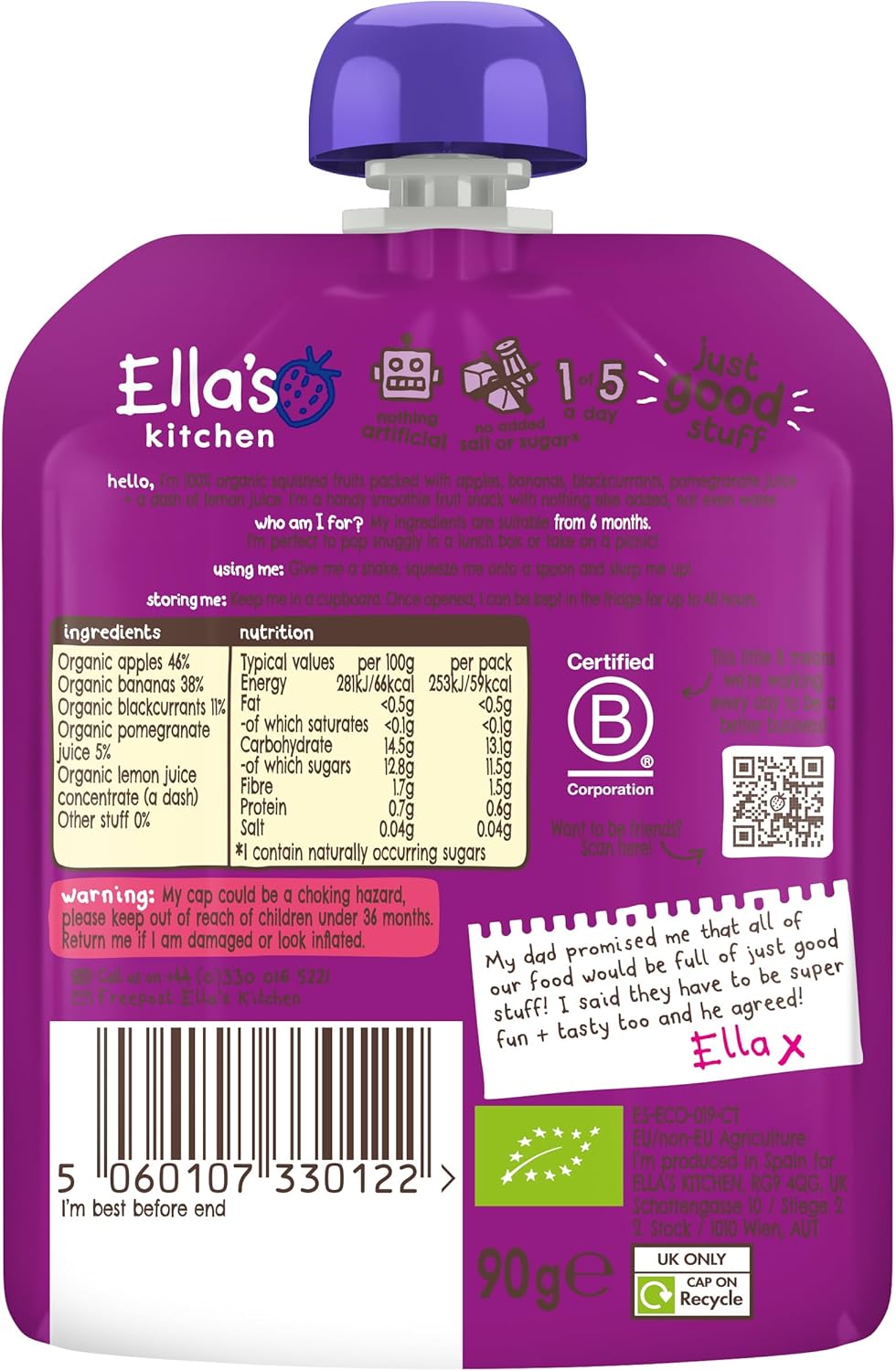 Ella'S Kitchen The Purple One Organic Smoothie Fruits, 90G (Pack Of 12)