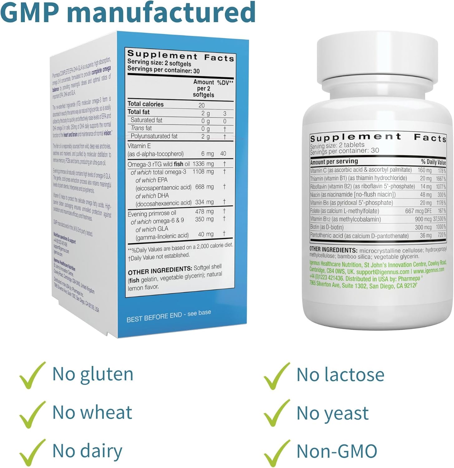 Super B-Complex & Pharmepa Complete EPA DHA rTG Omega 3 1000mg Bundle, Methylated Sustained Release B Complex with High Potency Fish Oil, by Igennus : Health & Household