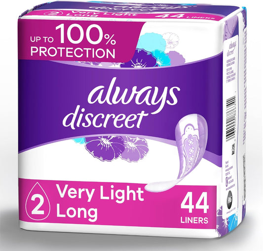 Always Discreet Incontinence Liners for Women, Very Light Absorbency, Long Length, 44 Count