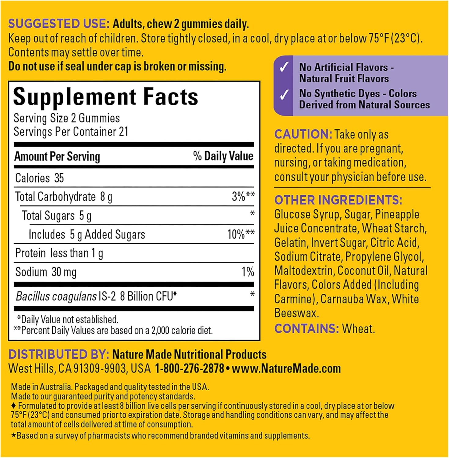 Nature Made Probiotics Extra Strength Dosage, Probiotics For Women And Men 8 Billion Cfu Per 2 Gummies, 42 Probiotic Gummies, 21 Day Supply : Health & Household