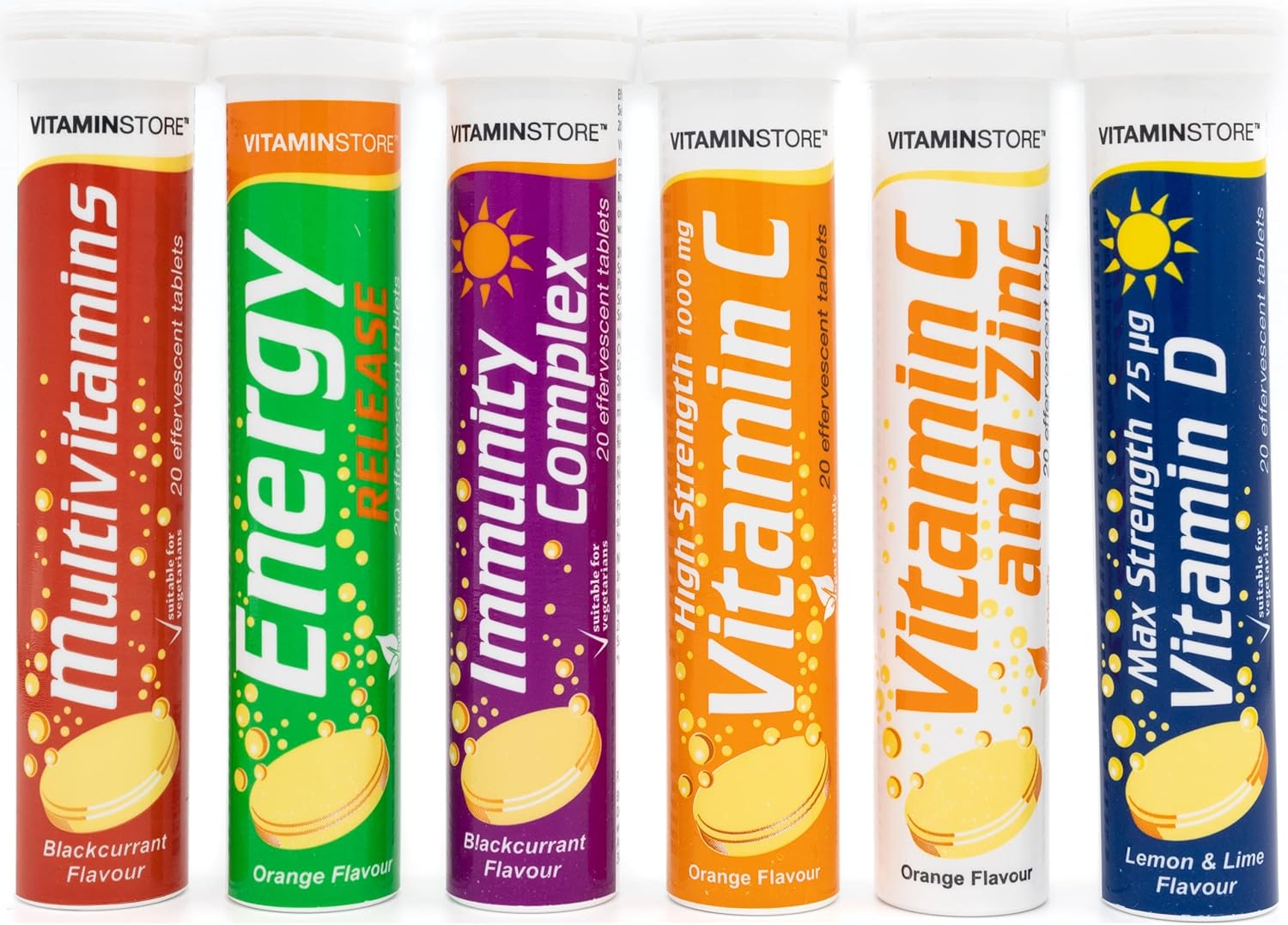 Vitamin Store Variety Pack Effervescent Tablets - 6 Packs Variety Of 20 Flavoured Dissolvable Fizzy Supplement - Contains Vitamins C, D, Zinc & Selenium