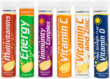 Vitamin Store Variety Pack Effervescent Tablets - 6 Packs Variety Of 20 Flavoured Dissolvable Fizzy Supplement - Contains Vitamins C, D, Zinc & Selenium