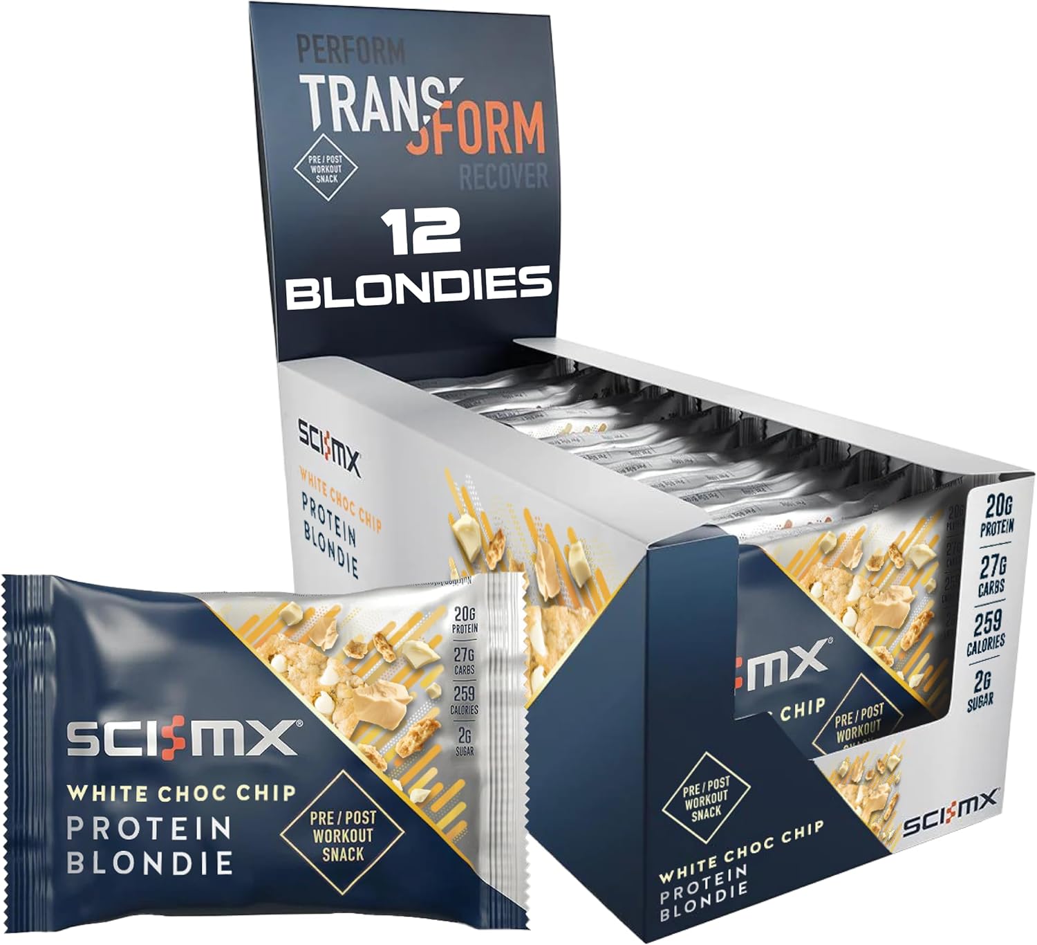 Sci-Mx High Protein White Choc Chip Blondie Box - 20G Protein, 2G Sugar + 259 Calories Per Blondie - Pack Of 12 X 65 G - Low Sugar - Pre/Post Workout Snack - No Palm Oil - Suitable For Vegetarians