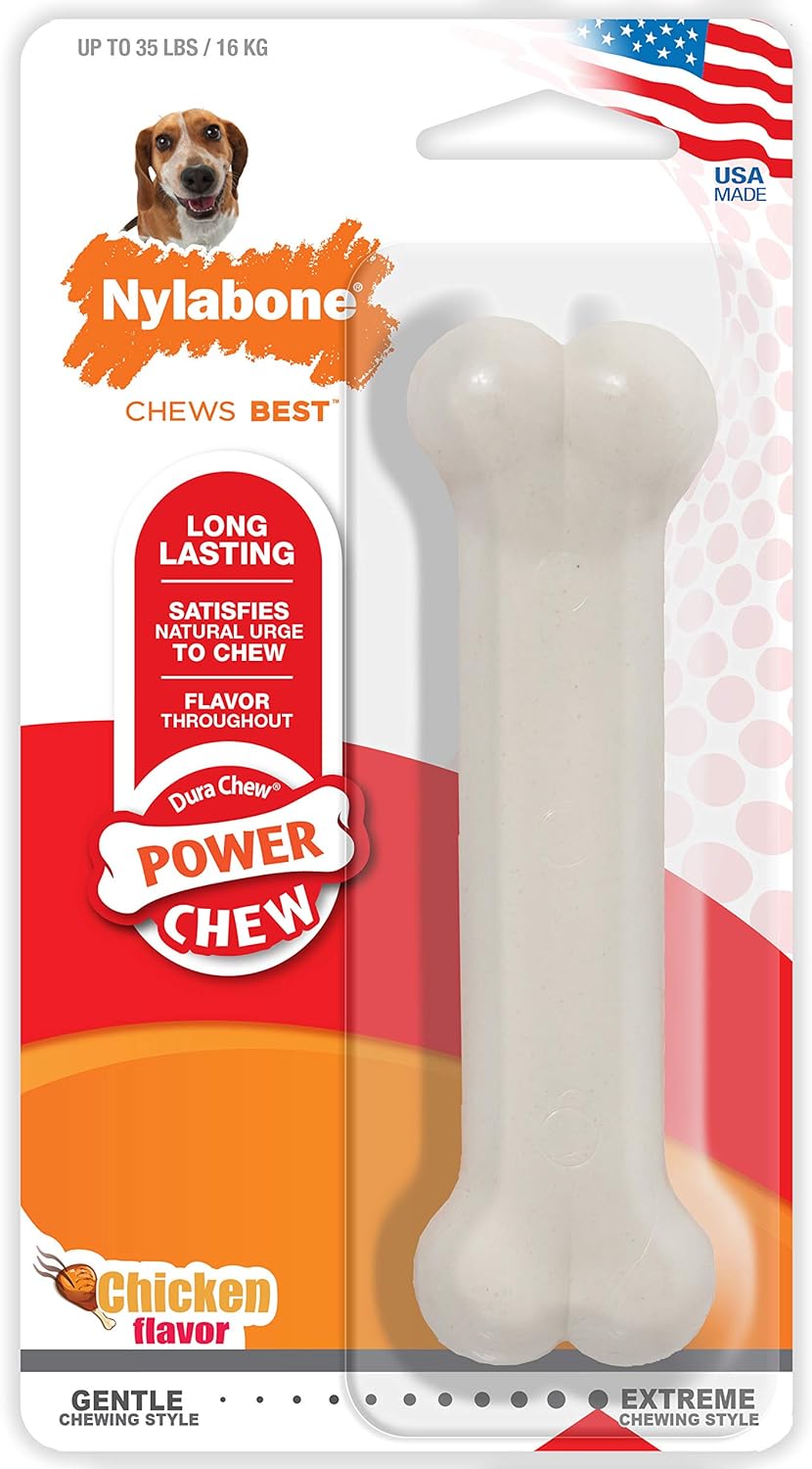 Nylabone Power Chew Classic Bone Chew Toy For Dogs, Durable Dog Toys For Aggressive Chewers, Chicken Flavor, Medium/Wolf - Up To 35 Lbs. (1 Count)