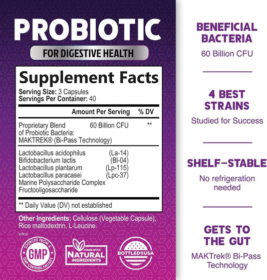 Probiotics, 60 Billion CFU per Serving, Probiotic with Prebiotics for Digestive & Immune Health Support for Women & Men - Nature's Supplement is Shelf Stable, Soy, Dairy & Gluten Free - 120 Capsules