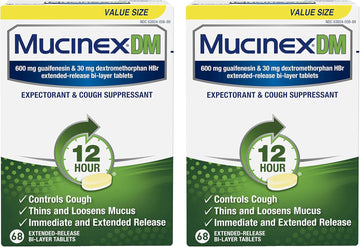 Mucinex Dm 12 Hour Cough And Chest Congestion Medicine, Expectorant And Cough Suppressant, Lasts 12 Hours, Powerful Symptom Relief, Extended-Release Bi-Layer Tablets, 68 Count (Pack Of 2)