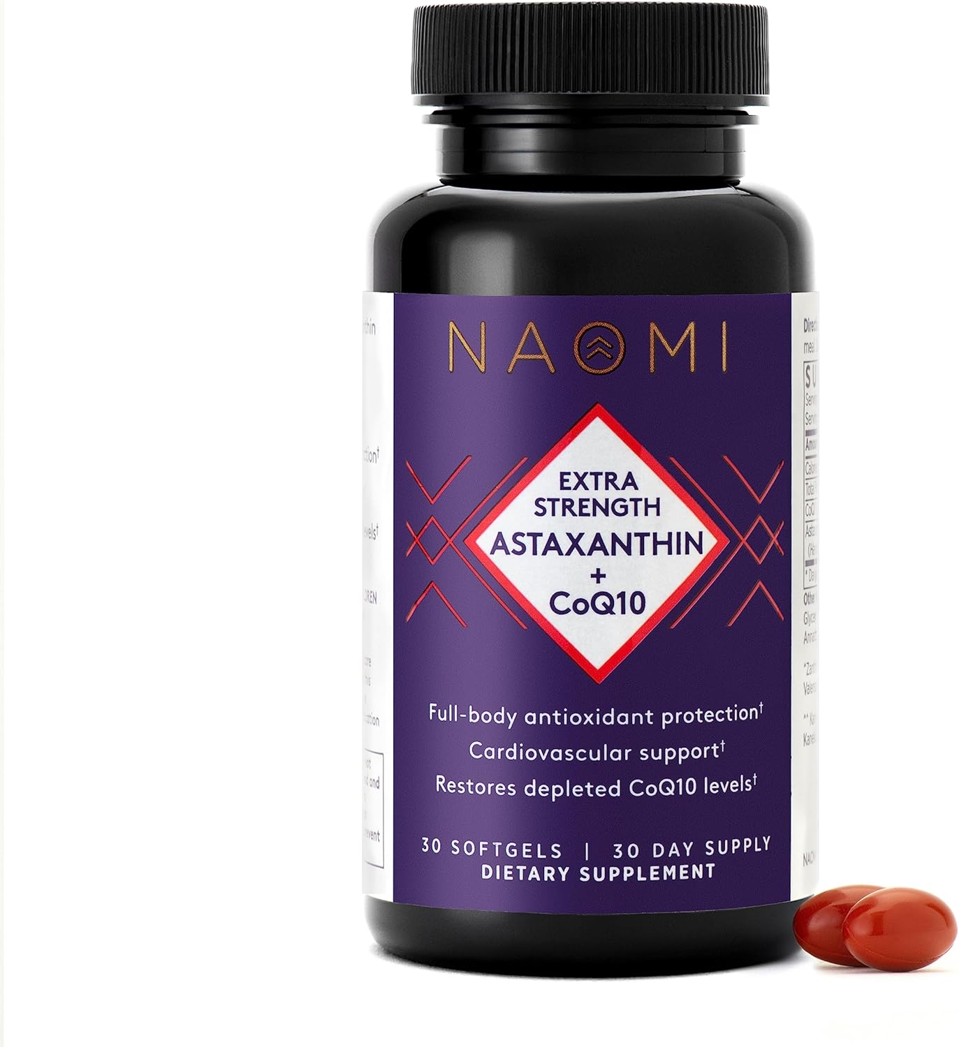 NAOMI Extra Strength Astaxanthin + CoQ10, Fat-Soluble Antioxidants, Cardiovascular Support, Increased Energy, Immune and Cognitive Function, Restore Depleted CoQ10, High Absorption, 30-Day Supply