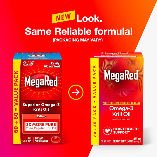 MegaRed Krill Oil 350mg Omega 3 Supplement with EPA, DHA, Astaxanthin & Phospholipids, Supports Heart, Brain, Joint and Eye Health, No Fish Oil Aftertaste - 120 Softgels (120 Servings) (1)