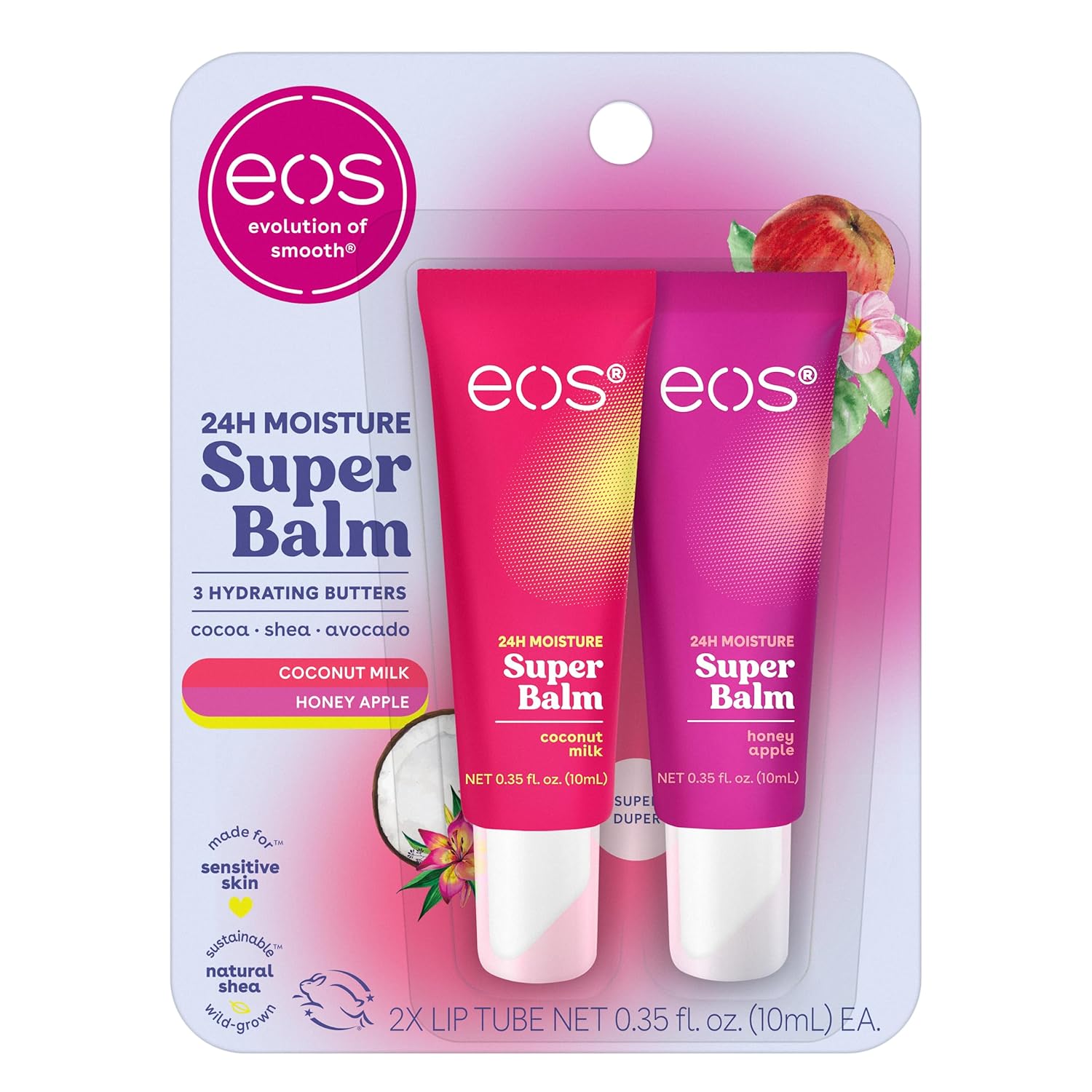 Eos 24H Moisture Super Balm- Coconut Milk & Honey Apple, Lip Mask, Day Or Night Lip Treatment, Made For Sensitive Skin, 0.35 Fl Oz, 2-Pack