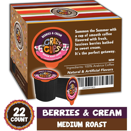 Crazy Cups Flavored Coffee Pods, Berries & Cream, Single Serve Keurig K Cups Machines, Hot Or Iced & Medium Roast Coffee In Recyclable Pods, 22 Count (Pack Of 1)