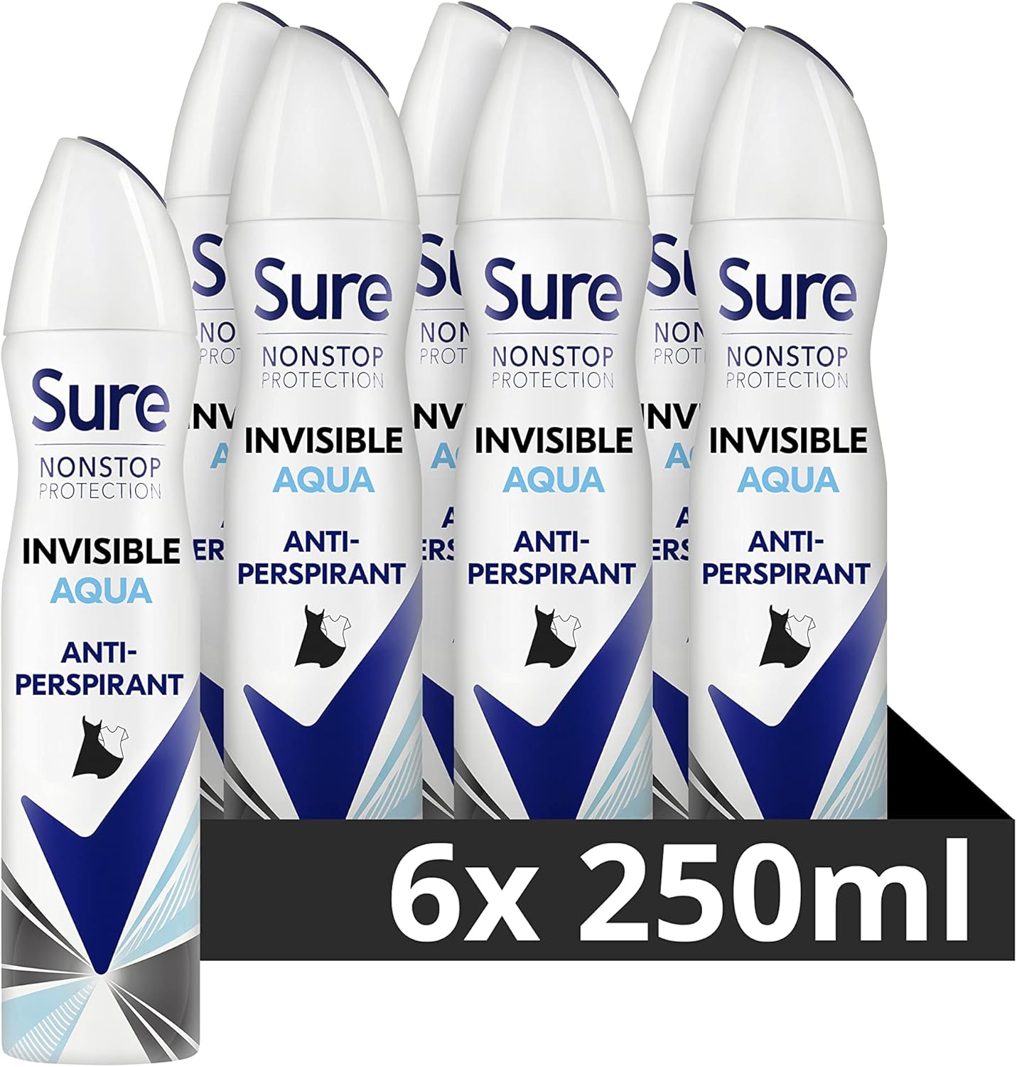 Sure Nonstop Protection Invisible Aqua Anti-Perspirant Aerosol Women'S Deodorant Spray With Body Heat Activated Technology And White Mark Protection For 72 Hour Odour And Sweat Protection 6X 250 Ml