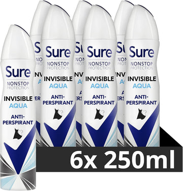 Sure Nonstop Protection Invisible Aqua Anti-Perspirant Aerosol Women'S Deodorant Spray With Body Heat Activated Technology And White Mark Protection For 72 Hour Odour And Sweat Protection 6X 250 Ml