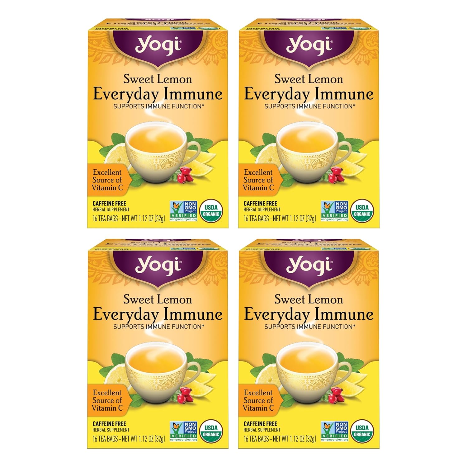 Yogi Tea Sweet Lemon Everyday Immune Tea - 16 Tea Bags Per Pack (4 Packs) - Daily Immune Support Tea - Delicious Lemon Tea Bags - Includes Tulsi, Lemongrass, Rose Hip, Lemon Peel & More