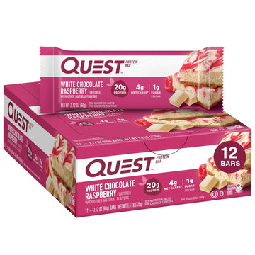 Quest Nutrition White Chocolate Raspberry Protein Bars, 20G Protein, 1G Sugar, 5G Net Carb, Gluten Free, Keto Friendly, 12 Count